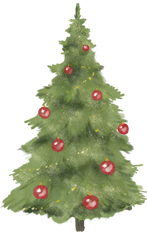 christmas tree ornament illustrated with red baubles and gold glitter accents, Grey Barn Handwerk, Saskatchewan.